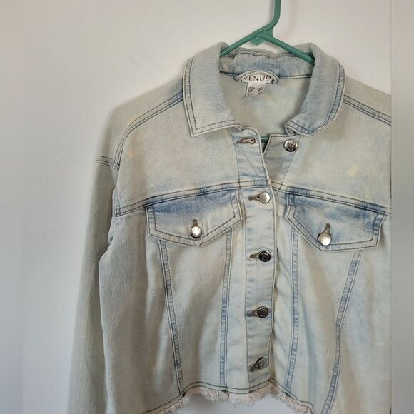 Venus Cropped Acid Wash Denim Jean Jacket Fringe Trim Grunge 90s Biker Small - Picture 3 of 14